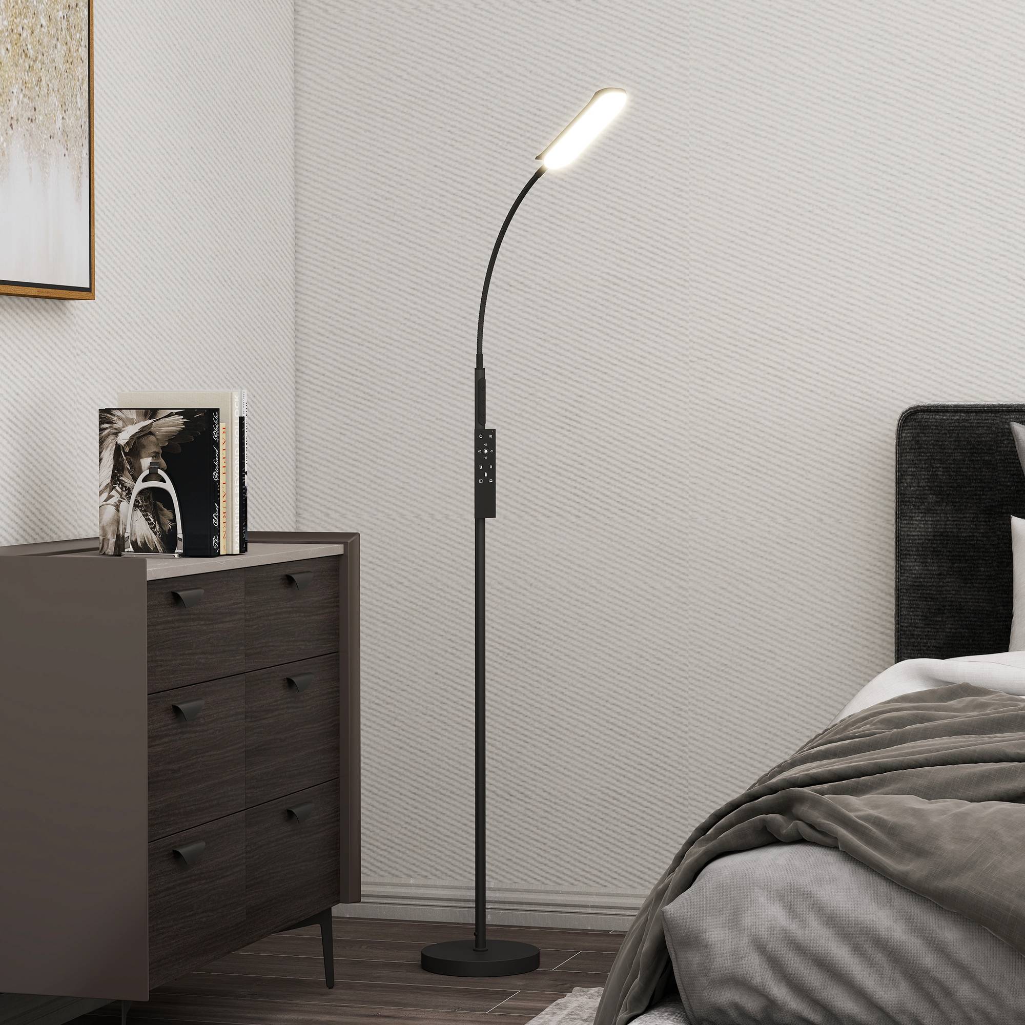 LED-gulvlampe Dæmpbar gulvlampe med fjernbetjening og touchbetjening, gulvlampe til stue med 360° justerbar svanehals, 1-times timer, hukommelsesfunktion, sort.