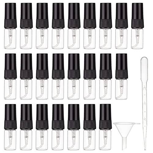 BENECREAT Förpackning med 40 minisprayflaskor på 2 ml med fin dimma, påfyllningsbar provflaska med svart plastlock, 10 pipetter och 4 trattar för parfym, lotion, resor