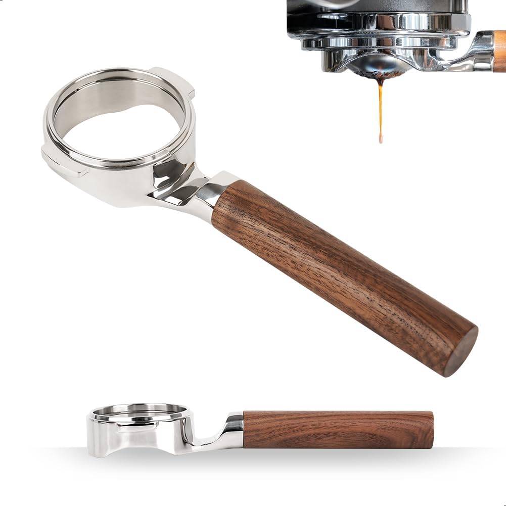 watchget 58mm Bottomless Naked Portafilter - Flat Base Compatible with E61 and La Marzocco Espresso Machine Models, Stainless Steel with Walnut Handle