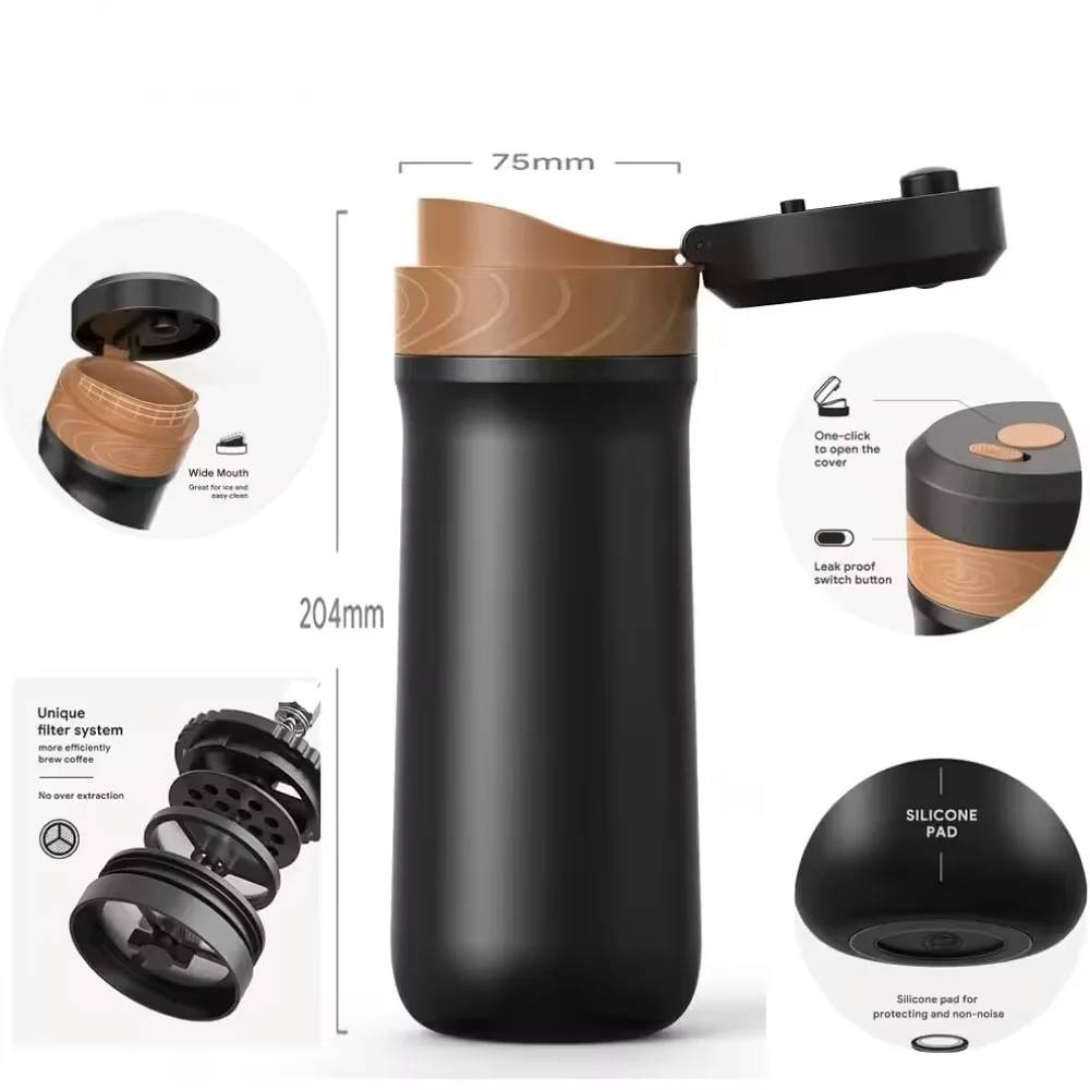 Travel French Press Coffee Maker Stainless Steel Vacuum Insulated Portable Coffee Tea Brewer Travel Mug for Outdoor Camping