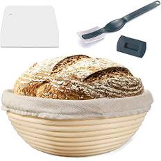 Voarge jäskorg, rund, o 25 cm, höjd 8,5 cm, jäskorg, set för bröd, bakning, rymmer 1 kg deg, en naturlig, handgjord rottingjäskorg, med lininsats degskrapa bröd brödkniv (rund)