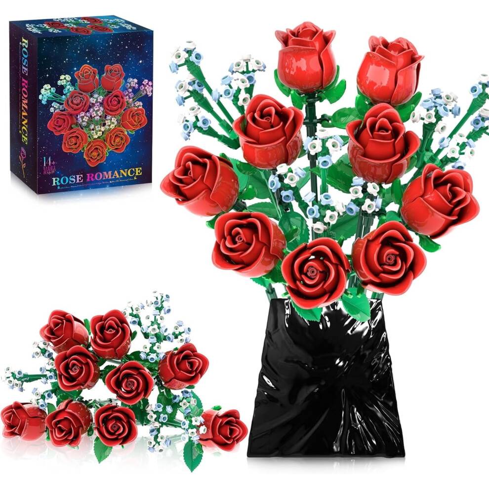 Byggset med rosor och blombukett för vuxna – botaniskt byggsats med vilda blommor, kompatibel med LEGO-blomman, alla hjärtans dag-present till
