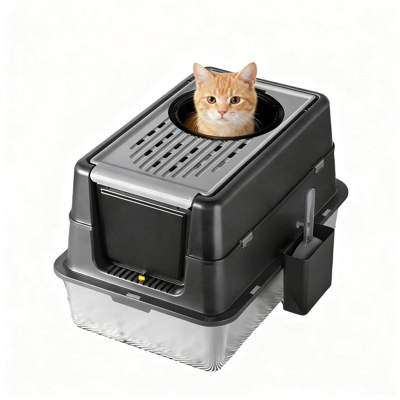 Extra Large Stainless Steel Cat Litter Box | 35L | Flip-Top | Dual Entry | Odour Control - Black / 60x40x43.5cm / United Kingdom (60x40x43.5cm)
