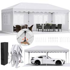 Paviljong 3 x 6, ett push vikpaviljong 3 x 6 vattentät stabil, popup paviljong vintersäker, trädgårdspaviljong med 4 sidodelar, festtält, 12 jordkrokar 6 rep, för strand/festival/camping/marknad, vit