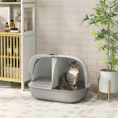 Kattebakke med Låg, Kattebakke med Si, Dør og Skovl, Lukket Kattetoilet til Små Katte Under 3,5 kg, Indendørs, Plastik, Lysegrå