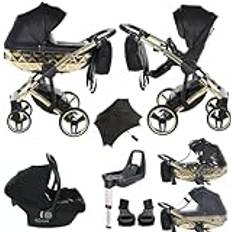 Junama Diamond barnvagn, Original, modulsystem, kombo-barnvagn 2-i-1, 3-i-1, 4-i-1 + exklusiva originaltillbehör för barnvagn (4-i-1 (med ISOFIX-bas), 05 svart/guld)