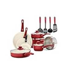GreenLife Soft Grip hälsosam keramisk non-stick beläggning, 16 delar köksredskap set med stekpanna, kastrull och kastrull, PFAS-fri, diskmaskinssäker, ugnssäker, röd