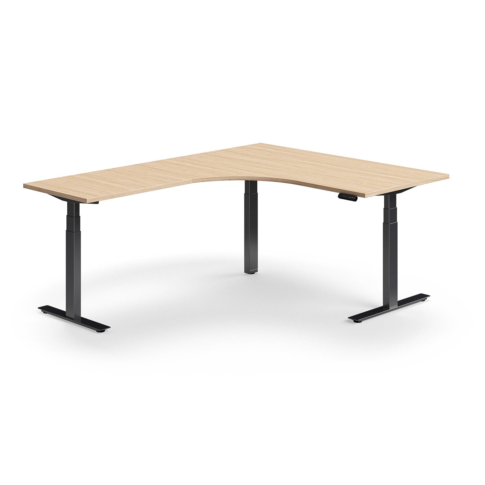 Hörnskrivbord QBUS, höj- och sänkbart, 1600x2000 mm, svart, ek