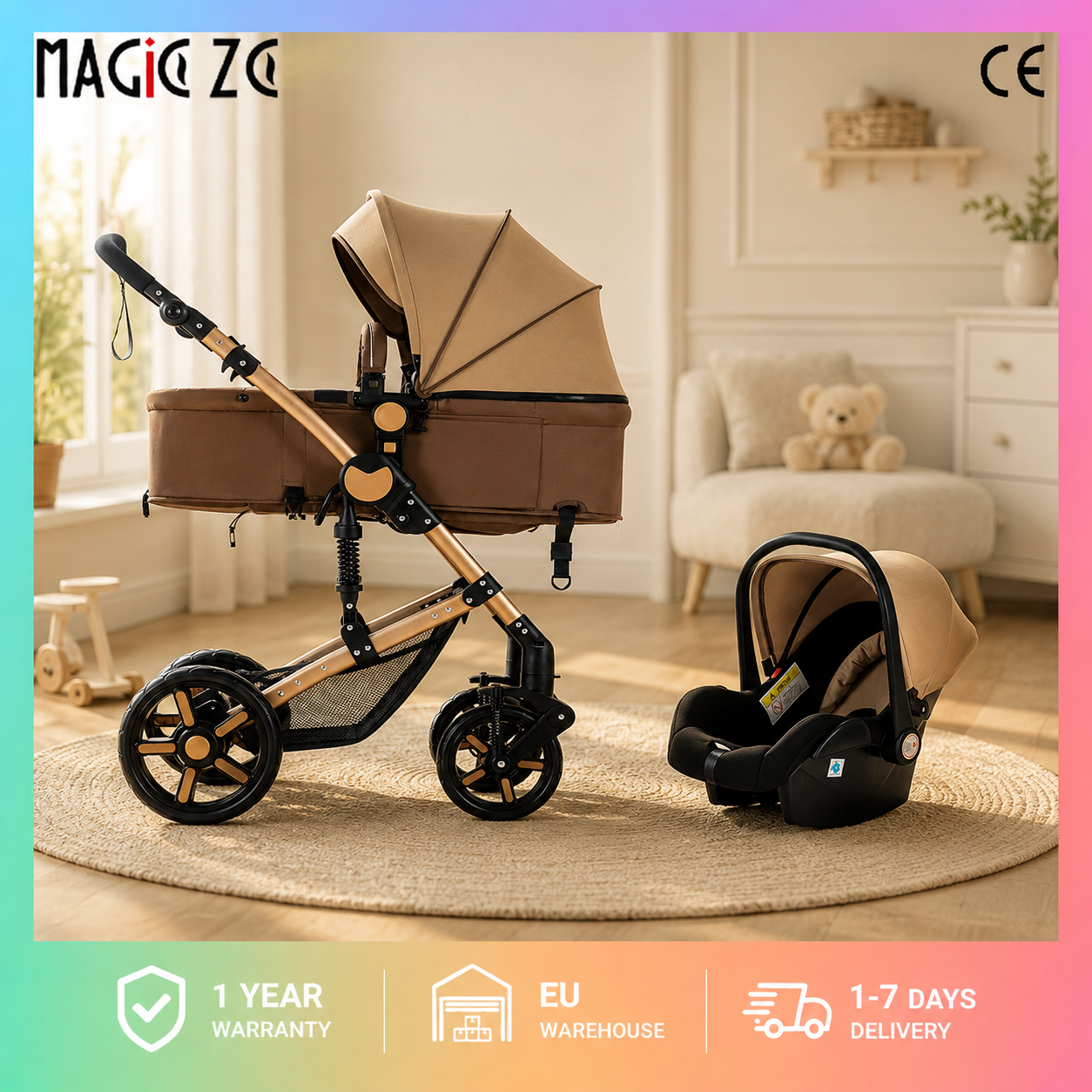 3-in-1 Baby Stroller Travel System, Reversible Convertible Bassinet Pram with Infant Car Seat, Five-Point Safety Harness, One-Foot Brake, Shock-Absorbing Large Diameter EVA Wheels, Lightweight