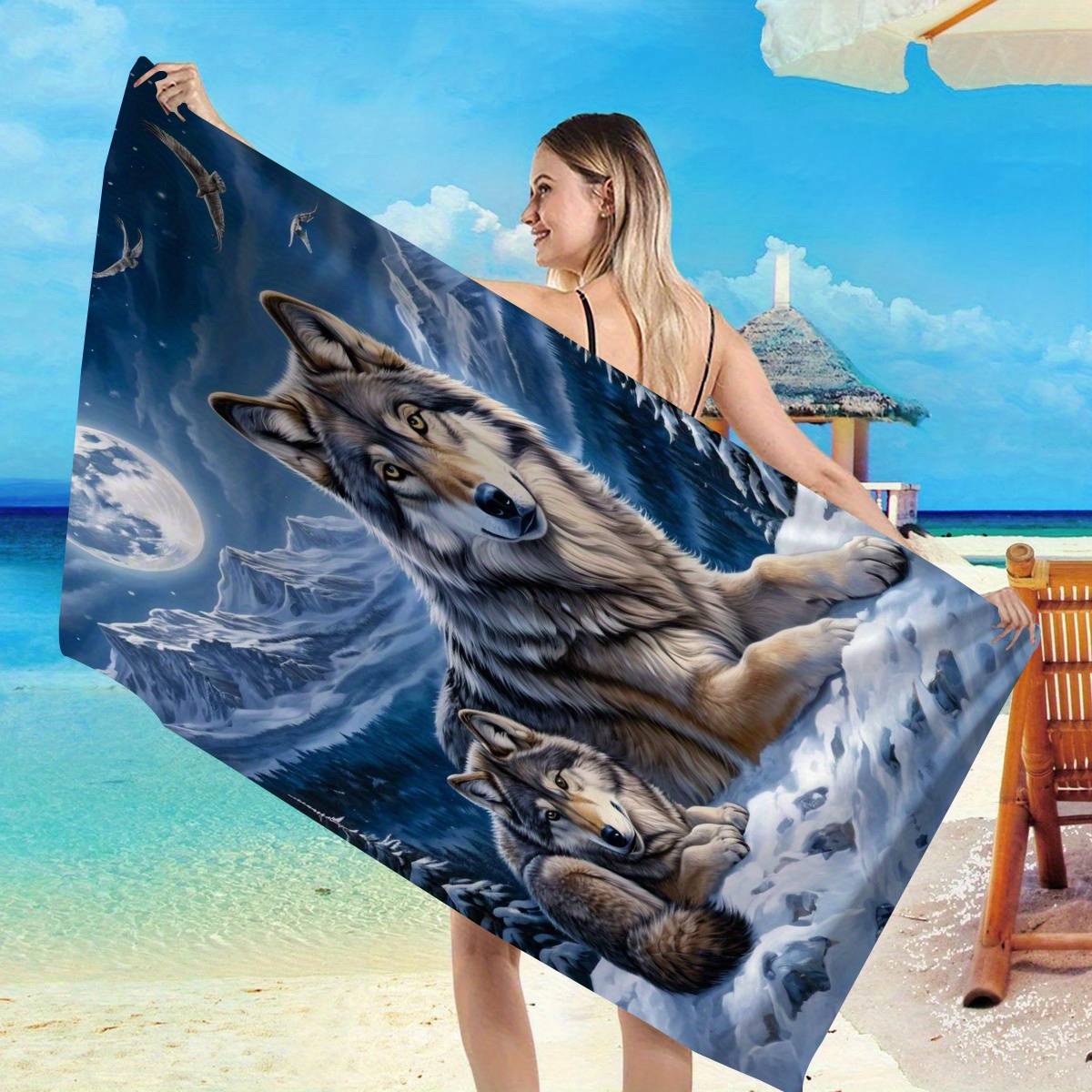 1pc Large Wolf & Cub Under In Snowy Mountains Beach Towel - Microfiber, Quick-dry, -fade, 59"x27.5" Giant Bath Sheet For Swimming, Yoga, Camping, Spa - Winter-themed Gift For S & (machine Washable)