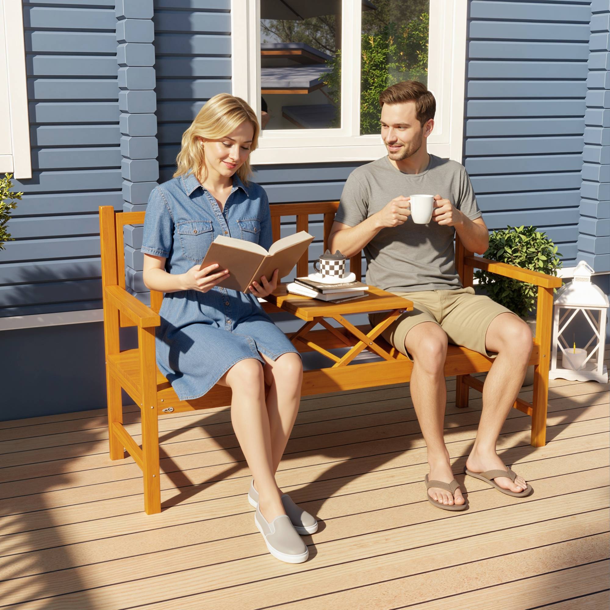 Havebænk 3-personers bænkbord armlæn træbænk op til 280 kg balkon terrasse lysebrun 153x56x91cm.