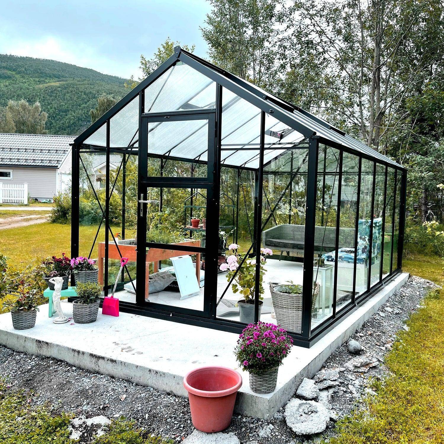 Drivhus Deluxe 12.5 M² - Ral 9005 sort / 10 mm. polycarbonat komplet