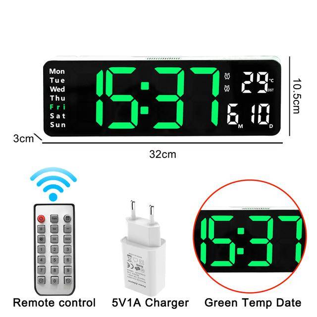 Väggmonterad digital väggklocka Fjärrkontroll Temp Datum Vecka Display Stäng av Minne Bord Klocka Dubbla larm Stora LED-klockor