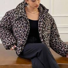 Leopard Print Loose Hooded Long Sleeve Zipper Women&#39;s Padded Coat Jacket ,Winter Women Clothes,Winter Coat Women - Brown - L,M,S,XL