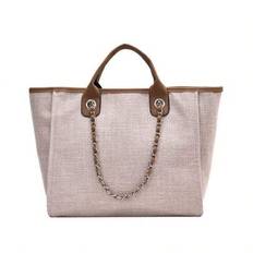 Customizable Name Embroidery Craft Personalized Canvas Shoulder Bag Bucket Bag Large Capacity Handheld Shoulder Cross-Body Chain Tote Bag, Khaki Color - Khaki