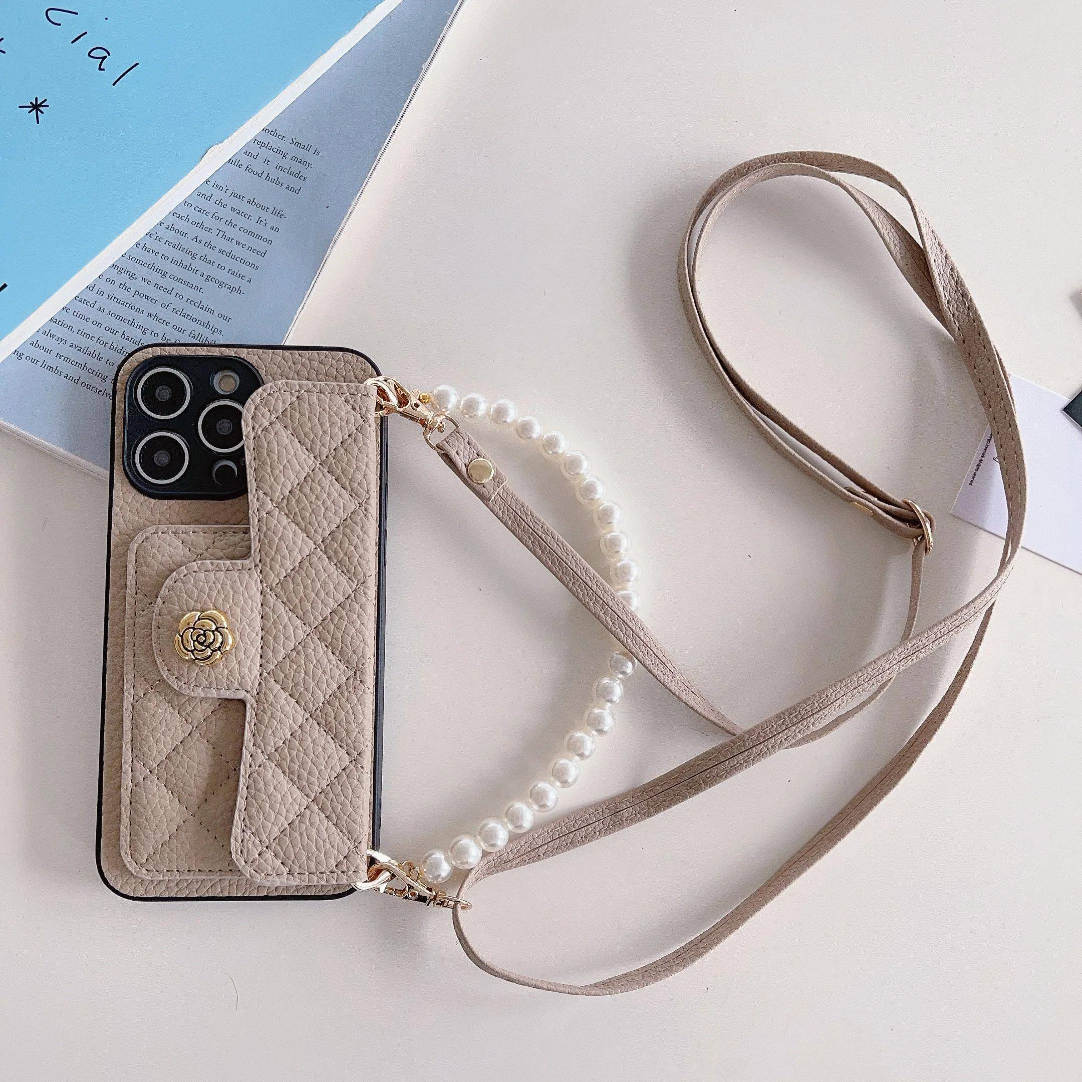 Crossbody Pärlarmband Telefonfodral för IPhone 12 Mini 16 Plus 15 14 13 11 Pro Max XR XS Plånbok med Korthållare Läderfodral