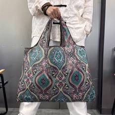 TEMU Large Capacity Nylon Tote Bag For Women, Portable Blue Floral Pattern Foldable Handbag, Lightweight Travel Shoulder Bag For Daily Shopping And Trips