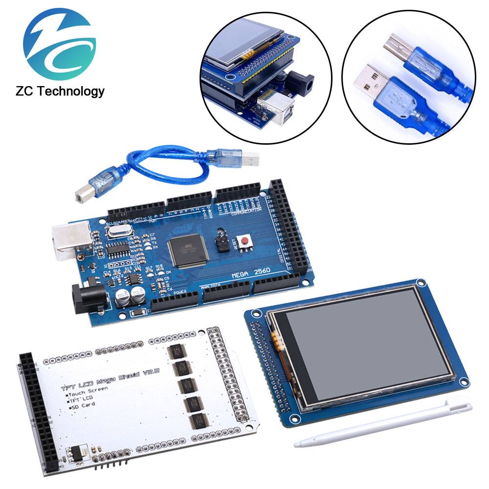 3.2" TFT LCD Touch Color Screen Module + 3.2 Inch Shield Adapter Board + Mega2560 Mega 2560 R3 CH340 With USB for Arduino Kit