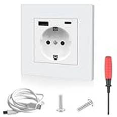 Uttag med USB-anslutning och typ C vit 220–250 V/16 A (USB 5 V 2.1 A) infällt uttag USB med datakabel USB C till USB C och skruvmejsel ett uttag vägguttag 1 fack – 86 × 86 mm