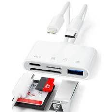 SD-kortläsare för iPhone, 4-i-2 Lightning+USB C SD-kortläsare, minneskortläsare med SD/TF-kort+USB+PD-port, kamerakortläsare USB C OTG-adapter kamerakortvisare kompatibel med iPhone 15/14