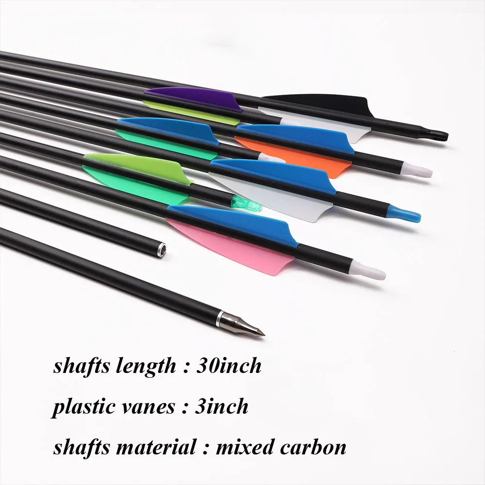 12PACK 30 inch mixed carbon fiber arrow replaceable arrow, spine 500 used for compound recurve bow hunting and target shooting
