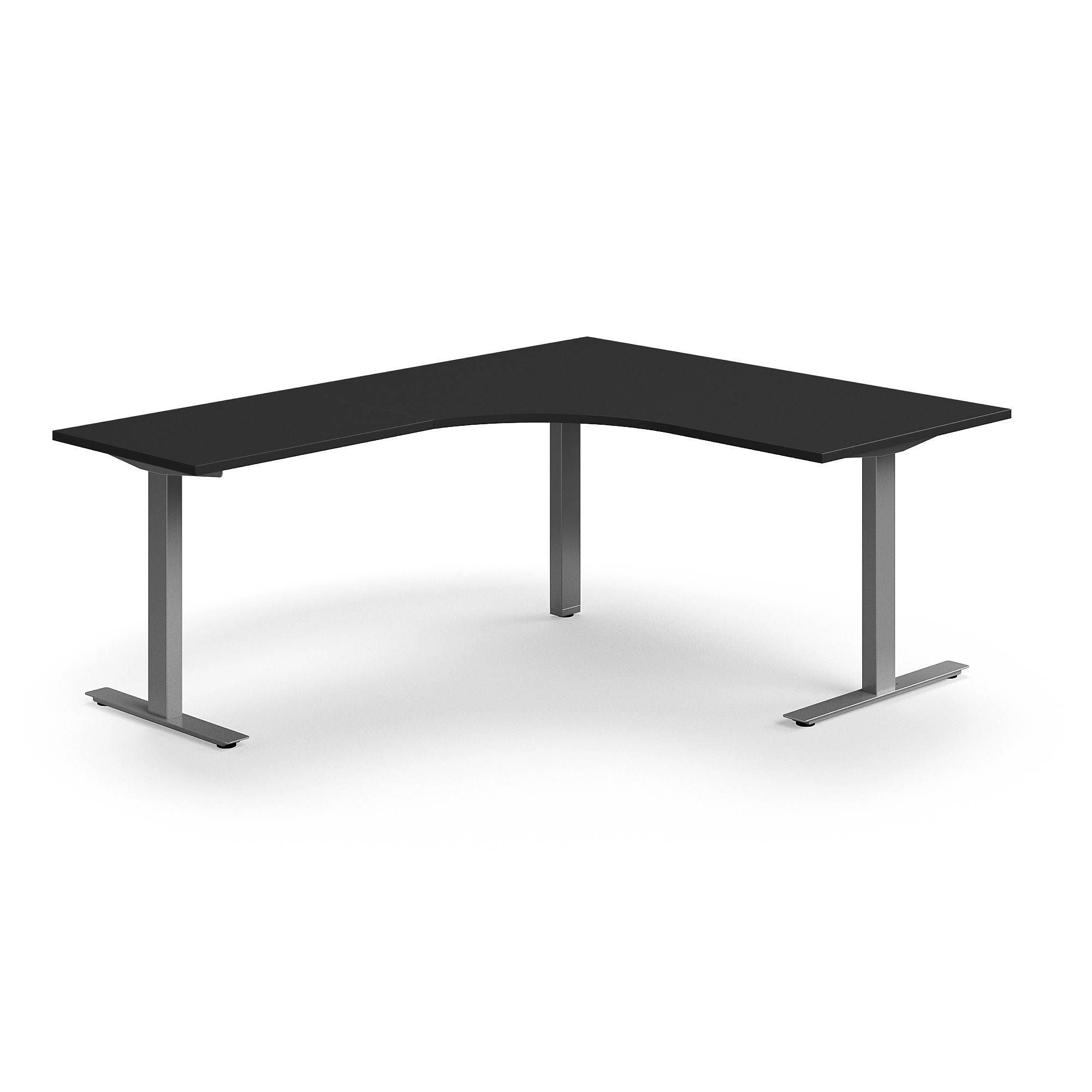 Hörnskrivbord QBUS, T-stativ, 1600x2000 mm, silver, svart