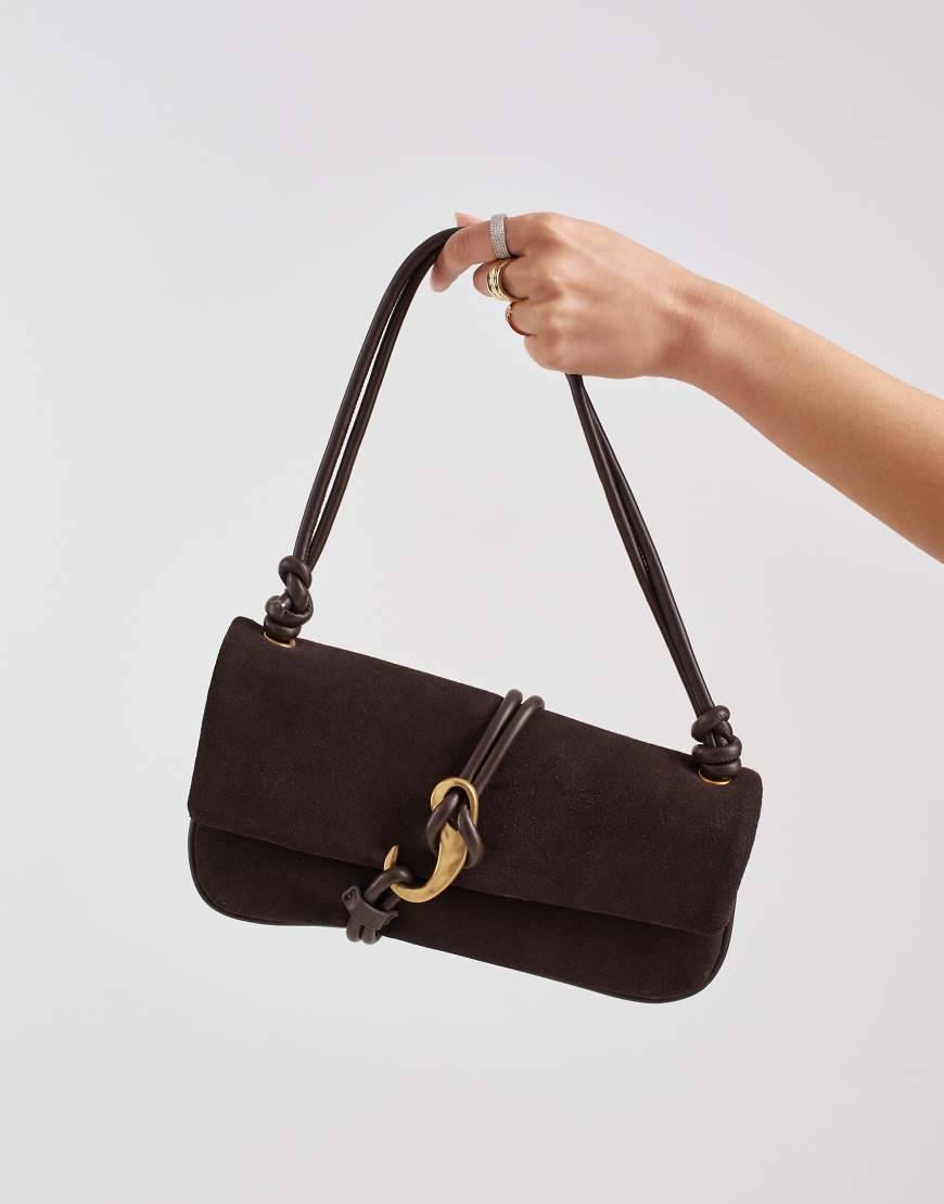 Dolce Vita - Alice - Chokoladebrun skuldertaske i ruskind med guldfarvet metaldetalje - One Size