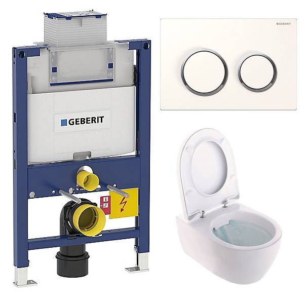 Toiletpakke m/ Ifö/Geberit hængeskål, toiletsæde, Geberit cisterne og betjeningsplade