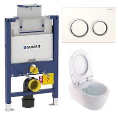 Toiletpakke m/ Ifö/Geberit hængeskål, toiletsæde, Geberit cisterne og betjeningsplade
