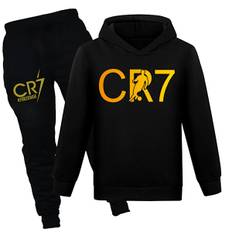CR7 Ronaldo Barn Pojkar Casual Träningsoverall Fotboll Tröja med Huva Träningsbyxor Pullover Outfit Svart Svart Black
