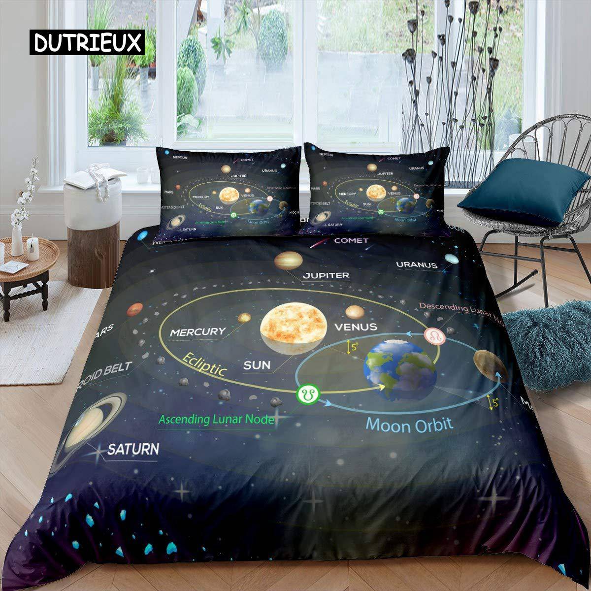 Sol System Täcke Set Twin King Mikrofiber Yttre Rymden Galax Sängkläder Set Universum Planet Astronomi King Size Täcke AU Queen(210x210cm)