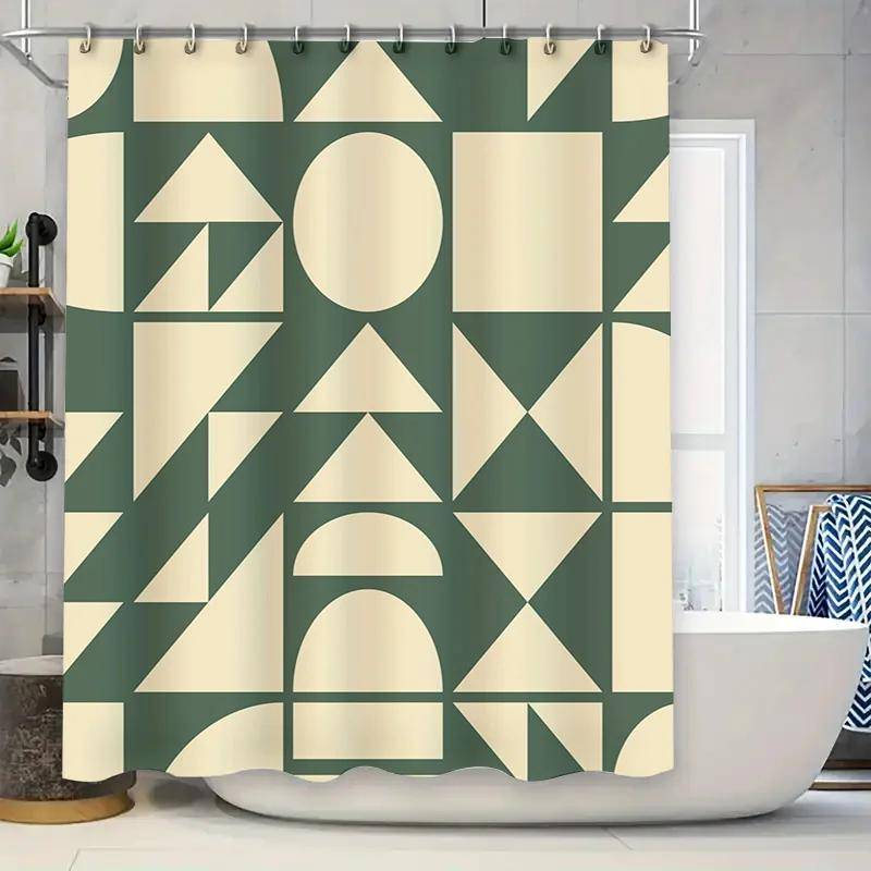 Moderna Geometriska Former Rektangulär Duschdraperi för Badrumsdekoration Grön Kräm Abstrakt Design i Olika Storlekar