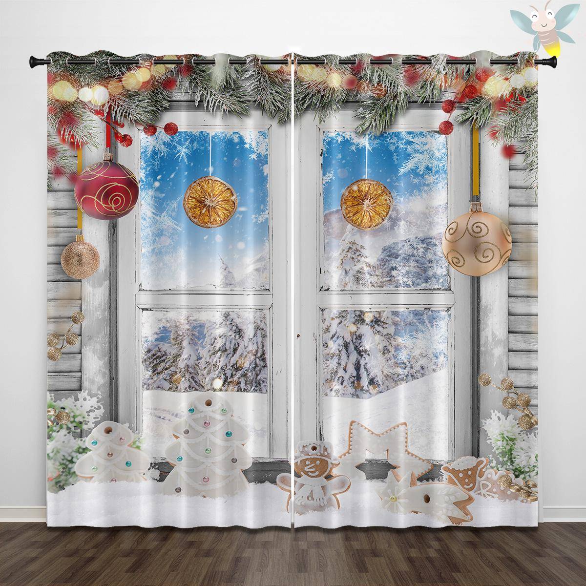 Set Of 2 Christmas Themed Snow Bell Patterned Printed Curtains Decoration Bedrooms Living Rooms Curtain Polyester Ideal For Room W100*H70(CM)-Rod Pocket&2PCS