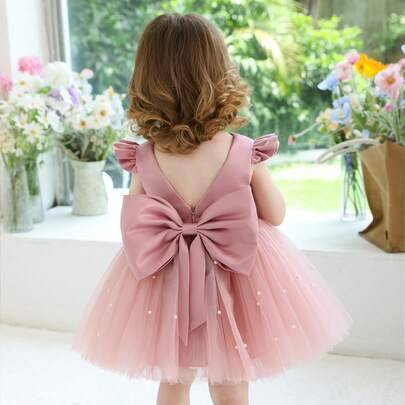 Babyflickaklänning med kortärmad rosett i tyll, elegant prinsessklänning för flickor, lämplig för 1-årsdag, bröllop, bankett, fest - Rosa (6-9M,9-12M,12-18M,18-24M,2-3Y)