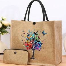 Retro Linen Hand Bag Set, Fashionable Butterfly Tree Print Shoulder Bag, Portable Travel Beach Bag And Shopping Tote - Khaki