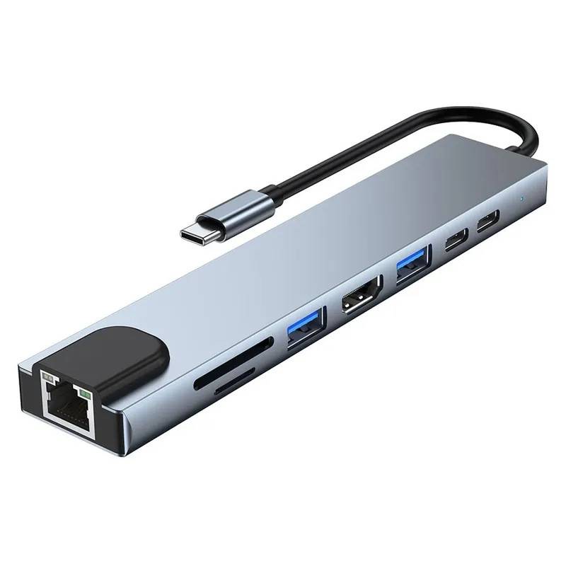 Lippa USB-C Hub 100W 2 x USB-A, 2 x USB-C, 1 x HDMI, 1 x Ethernet, 1 x SD & 1 x Mikro SD Sølv