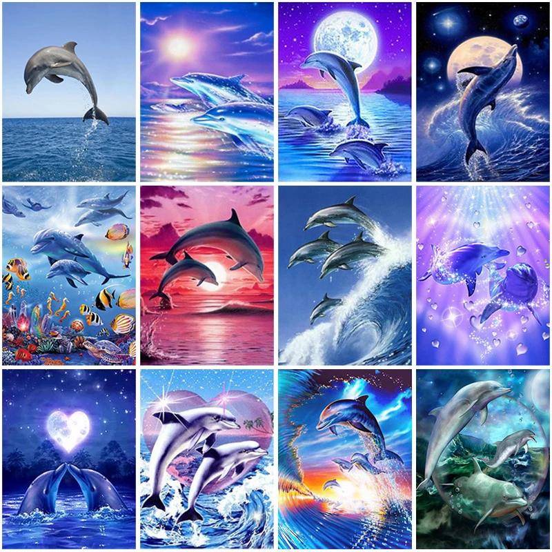 5D-diamantmålning helrund delfin diamantbroderi djur diamantmosaik Bild av strass heminredning
