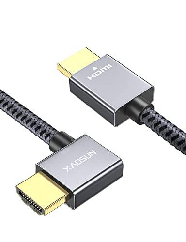 XAOSUN Högervinklad HDMI 2.0-Kabel (18 Gbps, 4K/60 Hz) - 90 Graders Rätvinklad Sladd, 6,6 Fot för Macbook PRO 2021, Bärbar Dator, Skärm, PS4, Xbox, Fire TV och Mer (Grå)