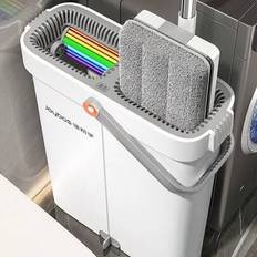 Joybos® 1 st platt mopp- och hinksats, färgglad mopphink- och vridningskombo med 4 st tvättbar kompositmikrofibermoppdyna. 15,75-tums plattmopp som ka - Vitt (En-Storlek)