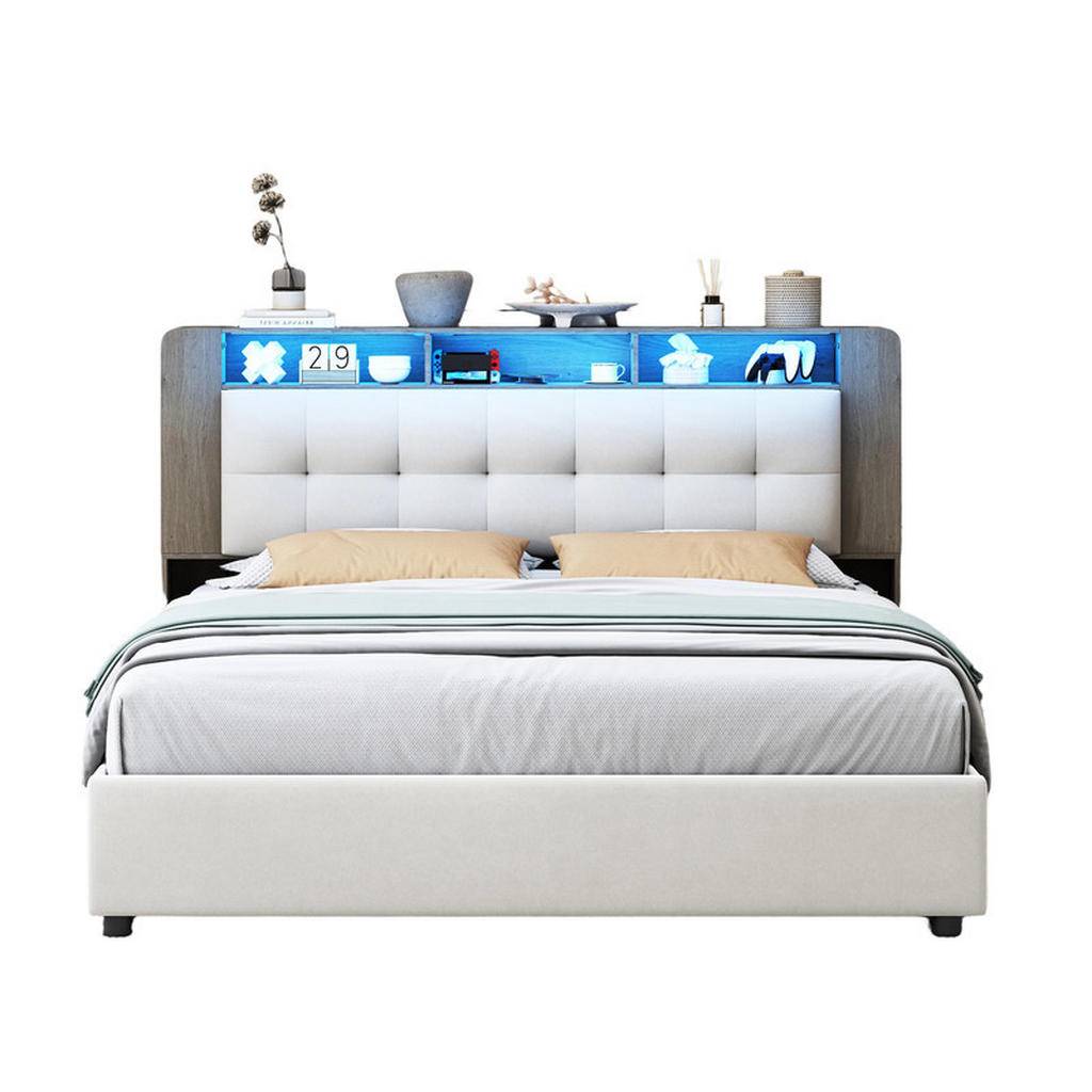 KLÄDD säng 160x200 Beige Hydraulisk förvaring LED - Vit