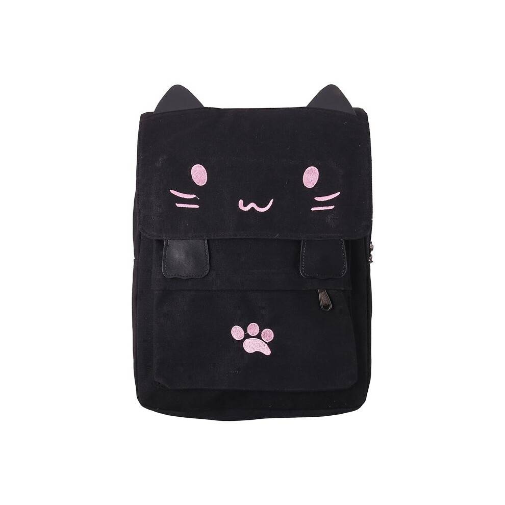fashion Cute Cat Embroidery Canvas Student bag Cartoons Women Backpack Leisure School bag black&