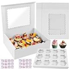 Teklemon Cupcakebox, 10 stycken muffinstransportlåda med 12 muffinslådor med transparent fönster och klistermärken, tårtlåda för kex cupcakes makaroner, muffin, tårtkartonger