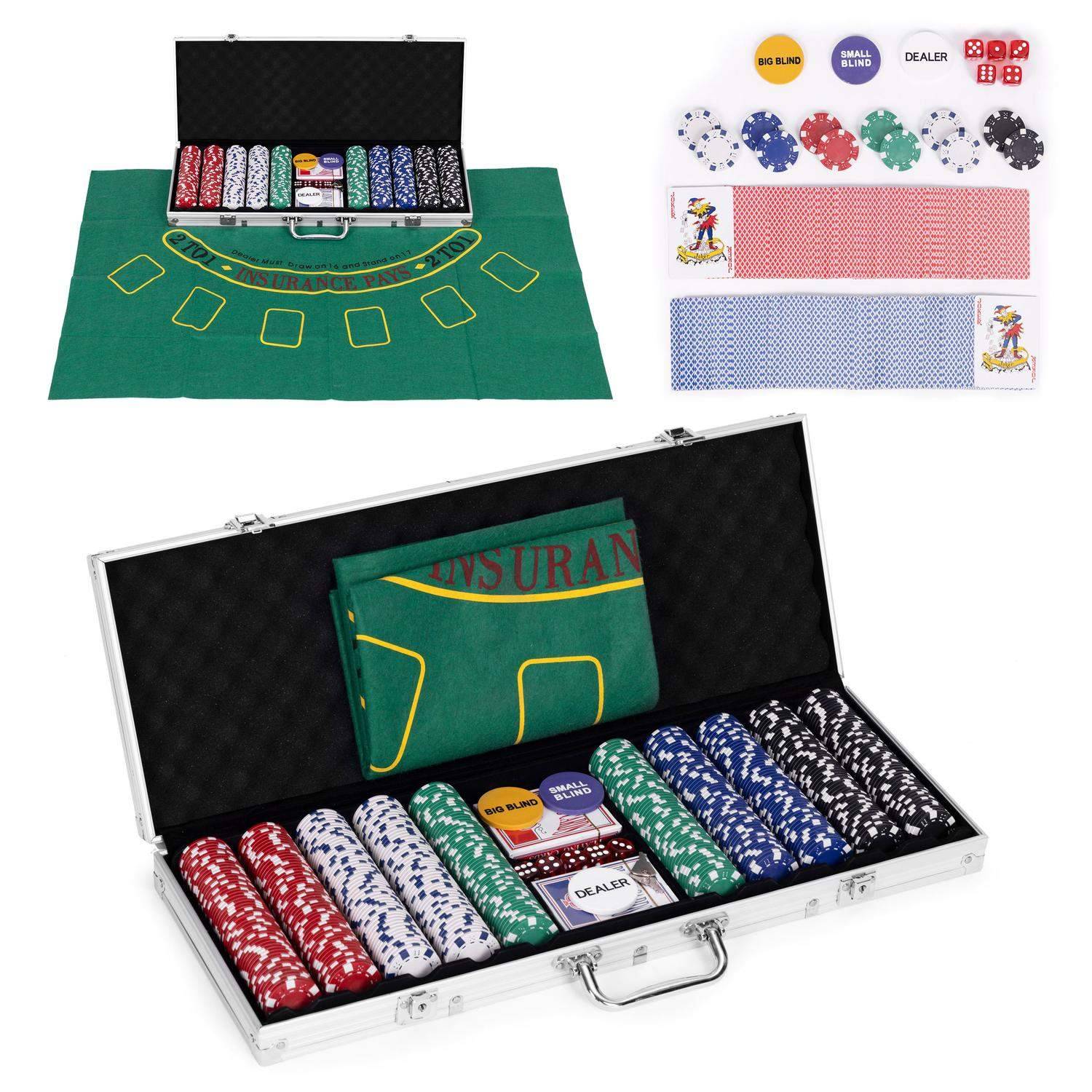 Poker och blackjack set – 500 marker, 2 kortlekar, tärningar, spelmatta, låsbart fodral