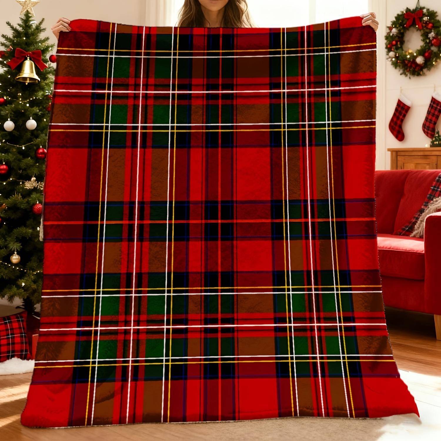 1 st British Plaid Flanellduk - en Mjuk Plyschpläd Lämplig för Alla Årstider med ett Rött Grönt Och Gyllene Tartanmönster - P