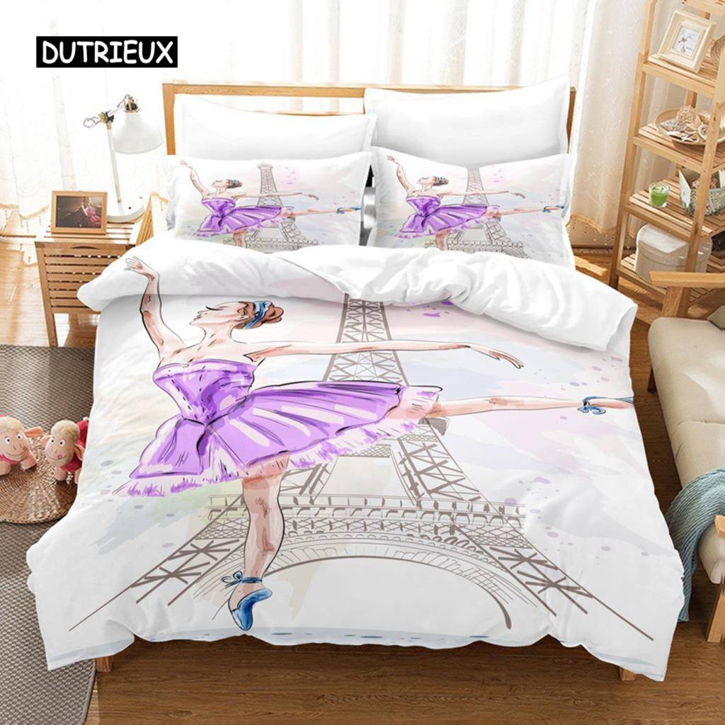 Tecknad Balettflicka Rosa Sängkläder Set Dansande Flicka Prinsessa Påslakan Twin Storlek för Barn Flickor Födelsedagspresenter Sovrumsdekor EU single(135x200cm)