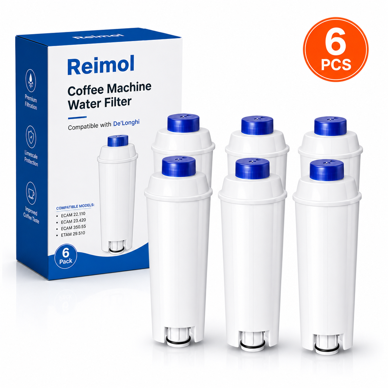 Reimol 6PCS Coffee Machine Water Filters for DeLonghi DLSC002 SER3017, Compatible with ECAM ESAM ETAM Series