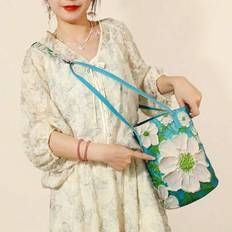 Large Capacity Summer Floral Bucket Bag, Women&#39;s Shoulder Bag With Oil Painting Flower Design, Casual Fashionable Handbag For Everyday Use,Travel Beac - Blue