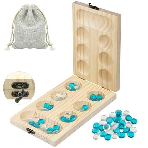 Mancala Brädspel – stenspel – Kalaha – strategispel förtjockat naturträ vackra färgglada stenar + förvaringsväska intelligens spel lämplig för vänner familj och barn