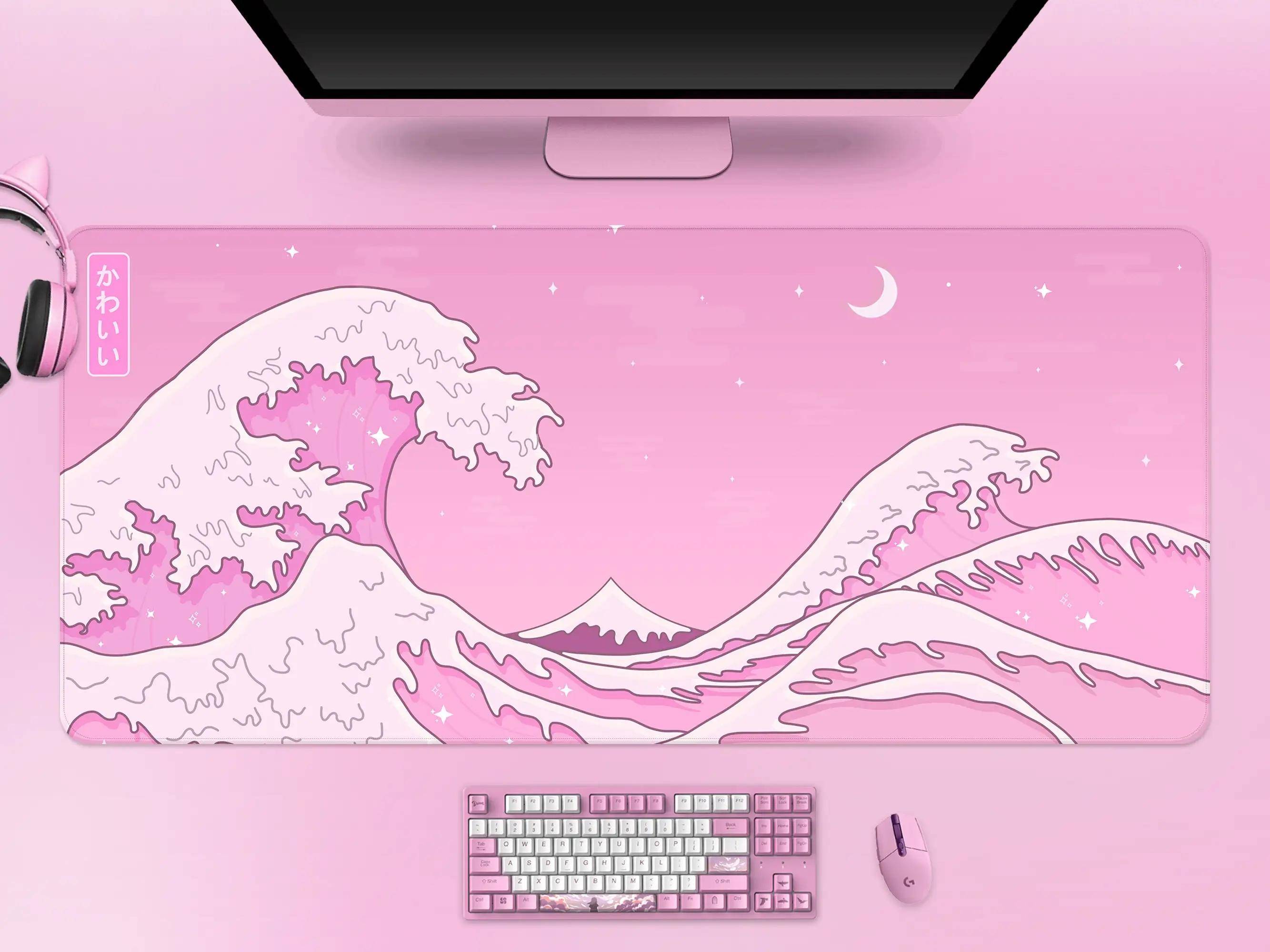 Kawaii Skrivbordsmatta Rosa Våg Söt Pastell Anime Estetik Måne och Hav Musmatta XXL Japansk Spelmusmatta Spelare 900x400