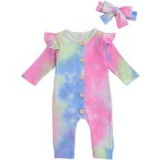 Focusnorm 0-18m h&#xF6;st baby flickor pojkar tie-dye byxor 2 f&#xE4;rger l&#xE5;ng&#xE4;rmade enkelkn&#xE4;ppta jumpsuits pannband - A / 12m